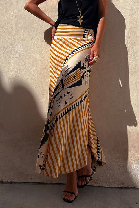 Rebadress High Waist Stripes Splice Printed Maxi Irregular Skirt