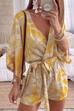 Rebadress Wrap V Neck Leaf Print Batwing Romper