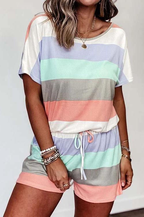 Rebadress Striped Color Block Short Sleeves Drawstring Romper