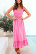 Rebadress Wide Straps Bow Shoulder Smocked Ruffle Maxi Dress