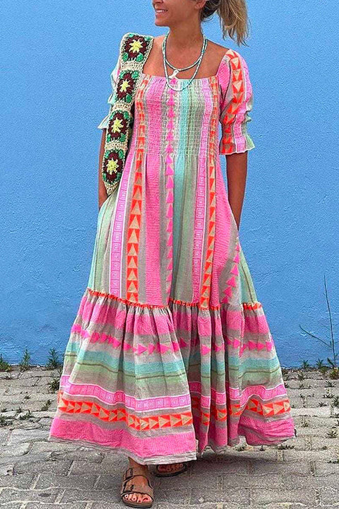 Rebadress Boat Neck Short Sleeve Multi-colored Boho Print Maxi Swing Dress