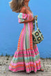 Rebadress Boat Neck Short Sleeve Multi-colored Boho Print Maxi Swing Dress
