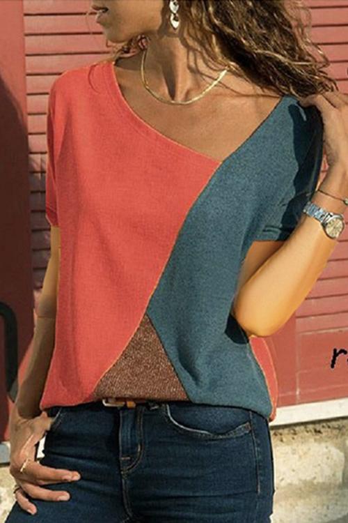 Rebadress Color Block V-neck Short Sleeves Tops