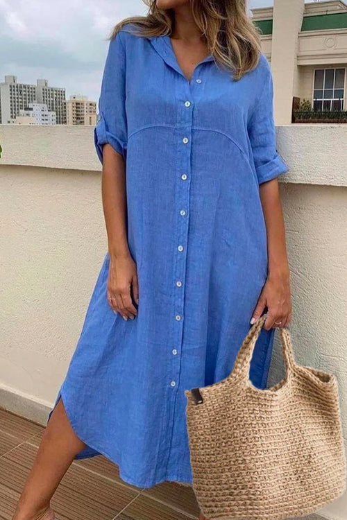 Rebadress Rolled Up Sleeve Button Down Cotton Linen Midi Shirt Dress