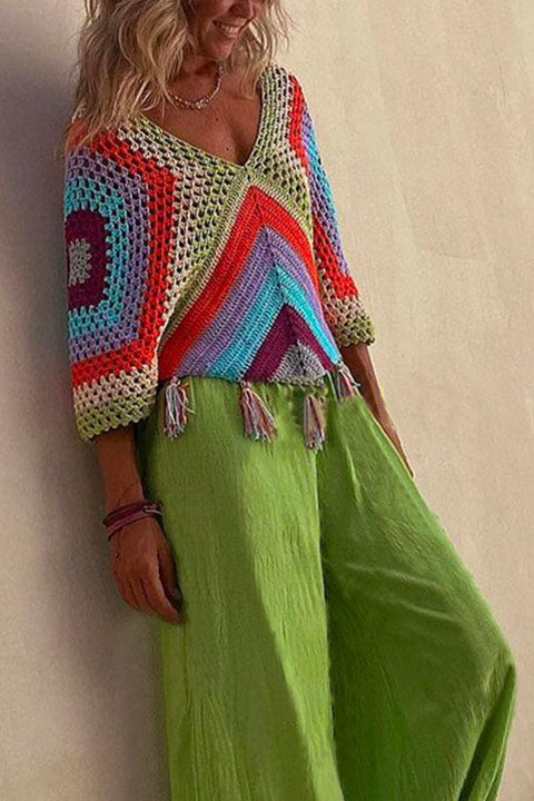Rebadress V Neck Rainbow Color Block Tassel Hollow Out Crochet Top