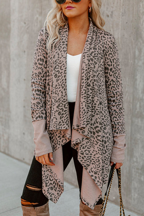 Rebadress Drape Open Front Irregular Leopard Cardigan