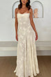 Rebadress Spaghetti Strap Back Lace-up Applique Flower Lace Maxi Dress