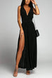 Rebadress V Neck Sleeveless Back Criss Cross High Slit Maxi Party Dress