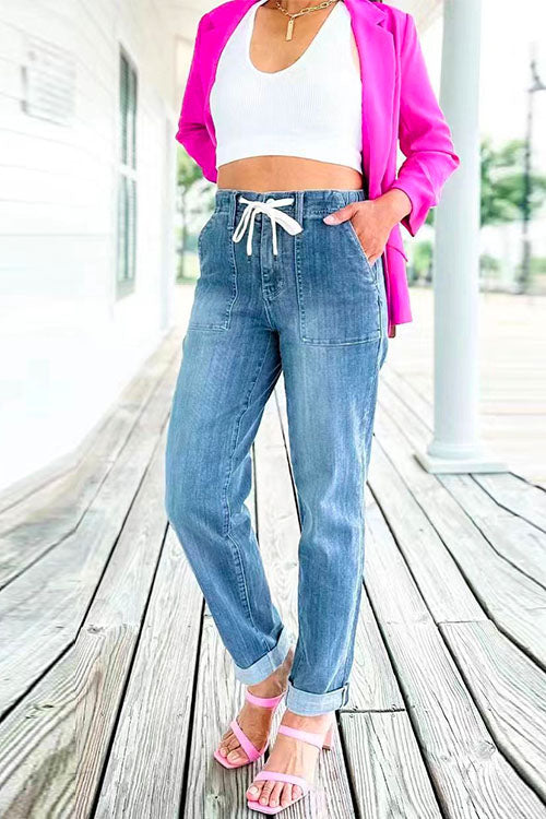 Rebadress Drawstring Waist Distressed Pocketed Denim Pants