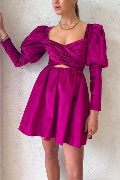 Cross Front Puff Sleeves Velvet Mini Party Dress