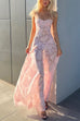 Rebadress Spaghetti Strap Back Lace-up Applique Flower Lace Maxi Dress