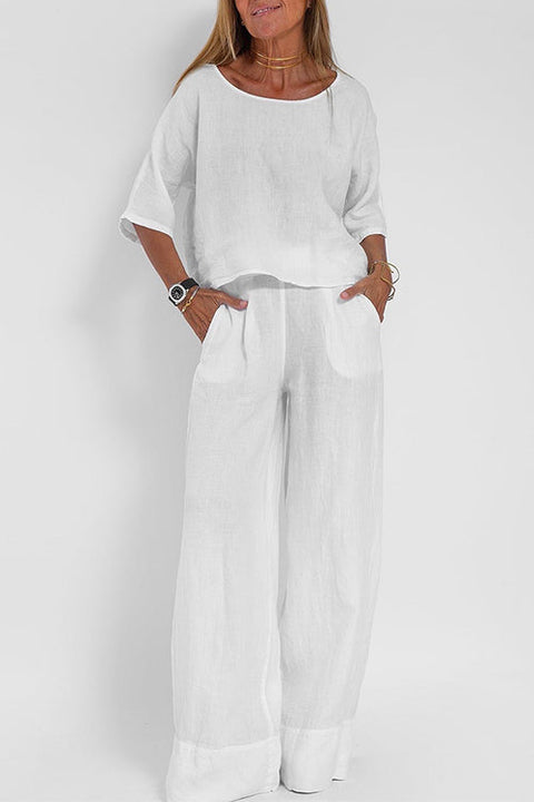 Rebadress Round Neck 3/4 Sleeves Pullovers Wide Leg Pants Cotton Linen Set