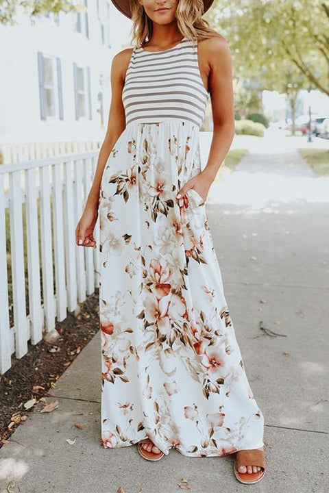 Rebadress Striped Floral Splice Sleeveless Maxi Dress