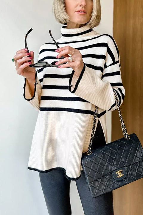 Rebadress Turtleneck Side Split Striped Sweater